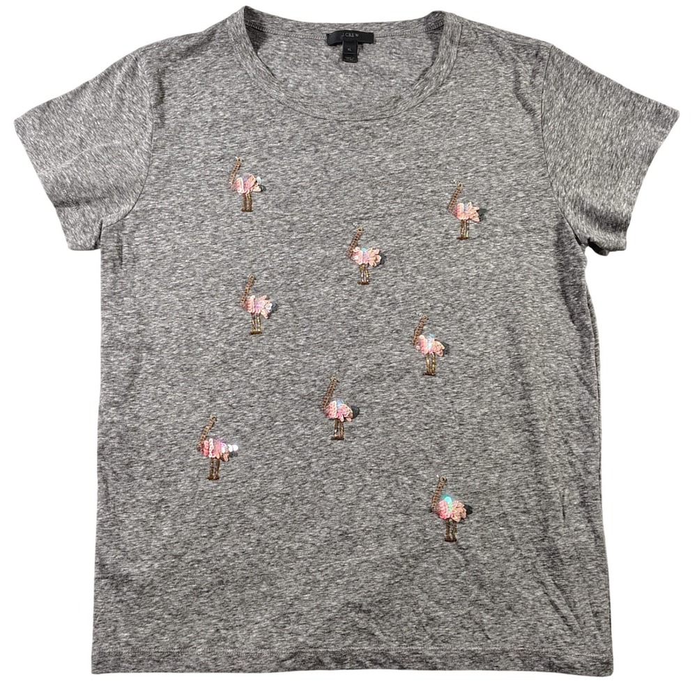 J.Crew T-Shirt Gray Sequin Beaded Ostrich Graphic Women XL Whimsical